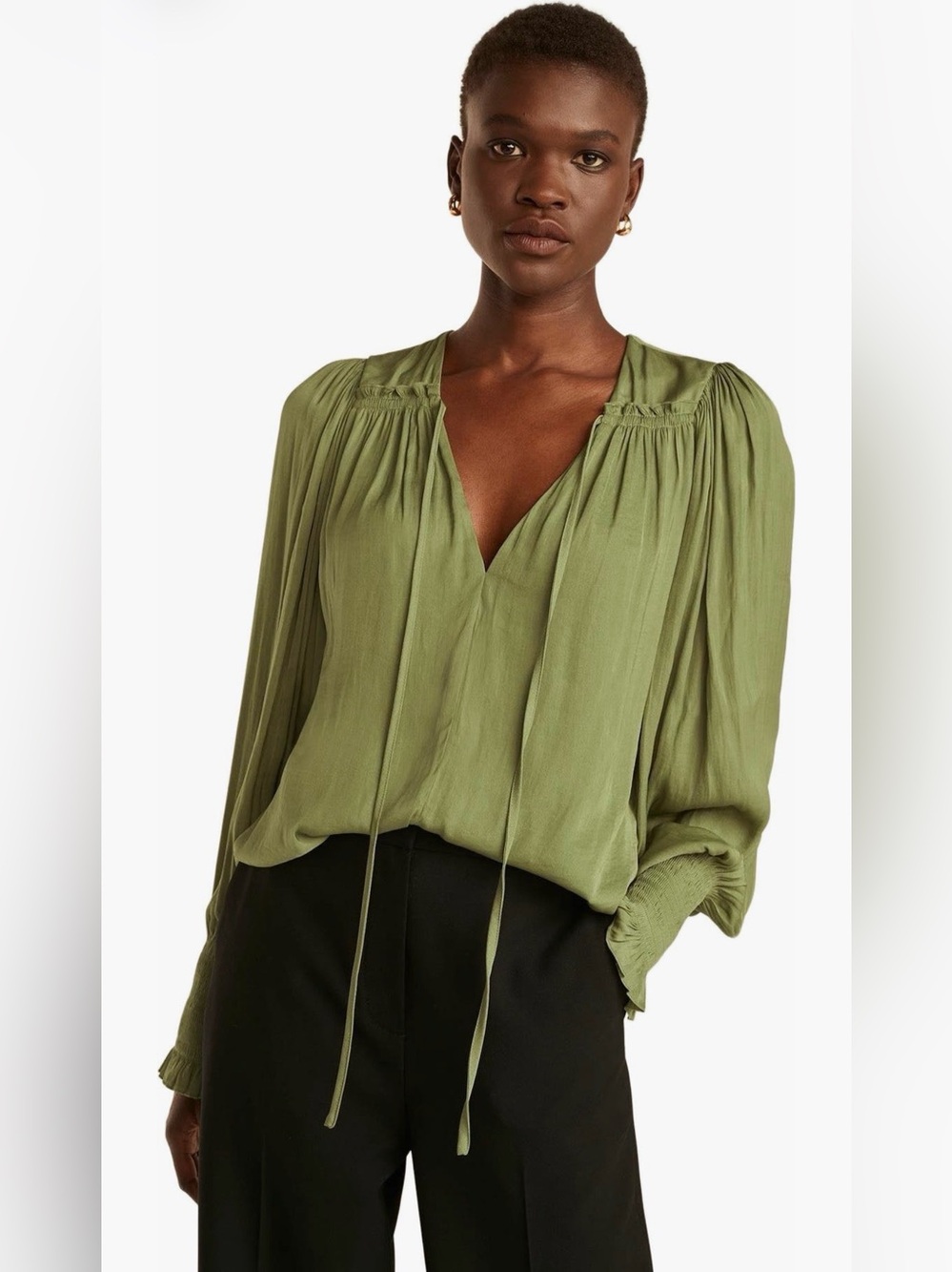 Rebecca Taylor Sateen Tie Neck Long Sleeve Top Matcha Green Size XS